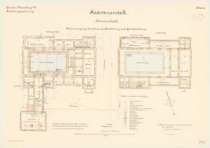 Kadettenanstalt der Garnison, Naumburg/Saale: Schwimmhalle: Grundriss Keller und Erdgeschoss mit Wasserversorgung und Entwässerung 1:100