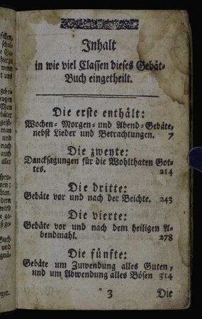 Inhalt in wie viel Classen dieses Gebät-Buch eingetheilt.