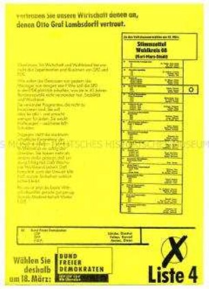 Flugblatt des Bundes Freier Demokraten zur Volkskammerwahl in der DDR am 18. März 1990