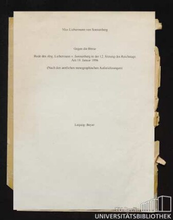 Gegen die Börse : Rede des Abg. Liebermann v. Sonnenberg in der 12. Sitzung des Reichstags am 10. Januar 1896 : (nach den amtlichen stenographischen Aufzeichnungen)