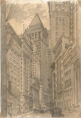 Wach, Hugo; New York (USA); Azoren; Gaeta (Italien); Portugal; Sardinien; Queenstown; Reisezeichnungen - Beaver Street u. Broad Street in New York City (Perspektive)