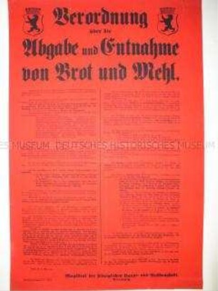 Maueranschlag: Verordnung über die Abgabe und Entnahme von Brot und Mehl