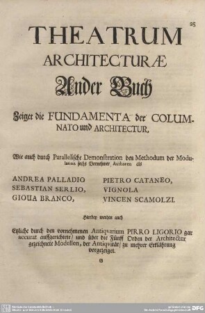 THEATRUM ARCHITECTURAE ander Buch zeiget die fünf Order der Architectur
