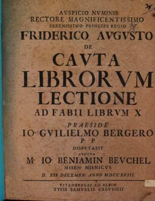 De Cavta Librorvm Lectione Ad Fabii Librvm X.