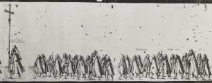 Johannes Stuneck, Bassist der Kantorei, als Kruzifix-Träger, gefolgt von zweihundert Schülern. Detail aus dem "Leichenzug des Kurfürsten August" 1586