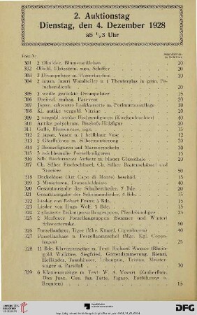 2. Auktionstag Dienstag, den 4. Dezember 1928 ab ½ 3 Uhr (Nr. 301-600)