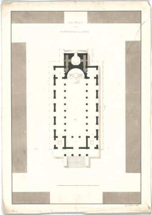 Röhrer, Karl; Protestantische Kirche - Säulenportal mit Treppenaufgang und dreischiffiges Langhaus (Grundriss)