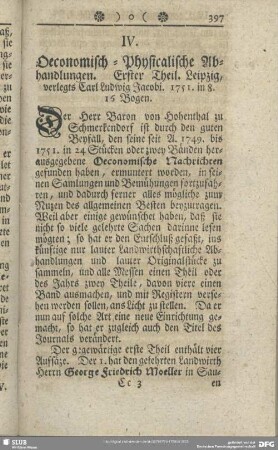 IV. Oeconomisch-Physicalische Abhandlungen. Erster Theil. Leipzig, verlegts Carl Ludwig Jacobi. 1751