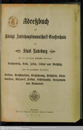 1910/12: Adreß- und Geschäfts-Handbuch der königl. Amtshauptmannschaft Grossenhain mit Stadt Radeburg