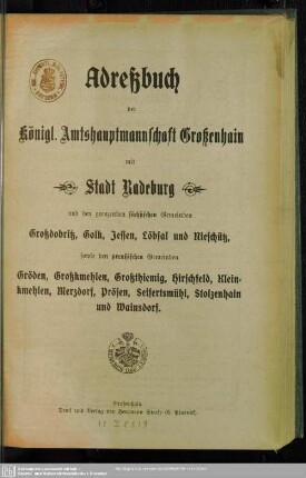 1910/12: Adreß- und Geschäfts-Handbuch der königl. Amtshauptmannschaft Grossenhain mit Stadt Radeburg