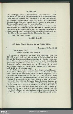 Julius Eduard Hitzig an August Wilhelm von Schlegel, Leipzig, 30.04.1809
