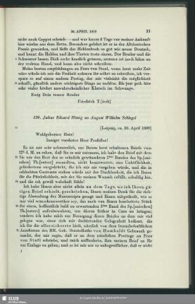 Julius Eduard Hitzig an August Wilhelm von Schlegel, Leipzig, 30.04.1809