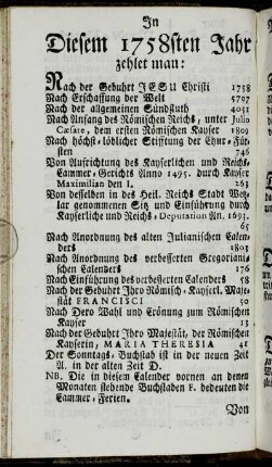 In Diesem 1758sten Jahr zehlet man:[...]