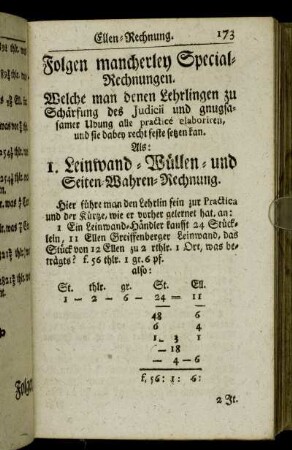 Folgen mancherley Special-Rechnungen.