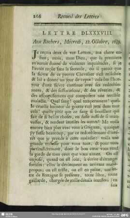 Lettre DLXXXVIII. Aux Rochers, Mécredi, 12. Octobre, 1689