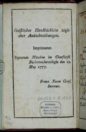 Geistliches Handbüchlein täglicher Andachtsübungen. Imprimatur.