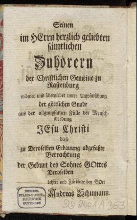 Seinen im Herrn herzlich geliebten sämtlichen Zuhörern der Christlichen Gemeine zu Rastenburg[...]