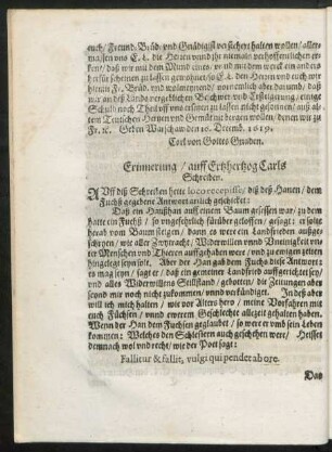 Erinnerung/ auff Ertzhertzog Carls Schreiben.