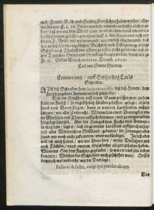 Erinnerung/ auff Ertzhertzog Carls Schreiben.