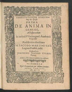 Exercitationum Nobilium Peri tēs Psychēs Prima De Anima In Genere