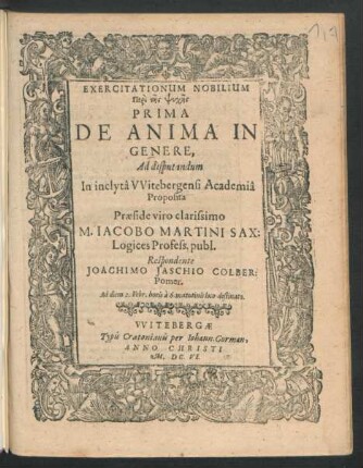 Exercitationum Nobilium Peri tēs Psychēs Prima De Anima In Genere