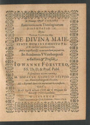 Exercitationum Theologicarum Disputatio IV.