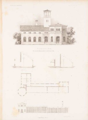 Treibhaus mit Gärtnerwohnung, Berlin: Grundriss, Ansichten, Querschnitte (aus: Architektonisches Skizzenbuch, H. 8, 1853)