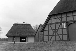 Hohenfelde 1: traufständiges Fachhallenhaus mit Reetdach: Giebelseite Wirtschaftstrakt mit Scheunentor [angeschnitten]: hinten links Garagenneubau mit Reetdach, Walmdach, darauf Sirene: Bildmitte Bretterscheune [halb verdeckt]