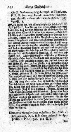 Elementa Metaphysicae eclecticae.