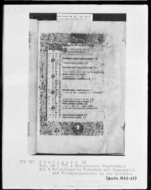Liber horarum — Liturgisches Franziskanerkalendar, Folio 3recto-8verso — Buchseite November mit Monatsbild und Tierkreiszeichen in der Bordüre, Folio 8recto