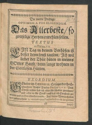 Die vierte Predigt/ Optimum A Piis Eligendum. Das Allerbeste/ so gottselige Hertzen erwehlen sollen.