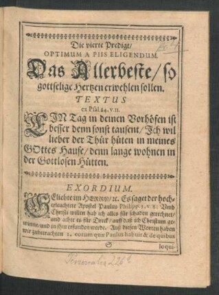 Die vierte Predigt/ Optimum A Piis Eligendum. Das Allerbeste/ so gottselige Hertzen erwehlen sollen.