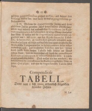 Compendiose Tabell. Derer von 1 biß 1000 ordentlich folgenden Absolut-Zahlen