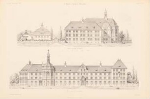 St. Martins-Spital, München: Ansichten von Süden und Osten (aus: Atlas zur Zeitschrift für Bauwesen, hrsg. v. Ministerium der öffentlichen Arbeiten, Jg. 51, 1901)