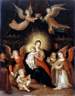 Madonna mit Kind, von Engeln bekrönt und von musizierenden Engeln umgeben