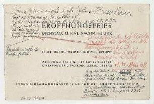 [Lyonel Feiniger. Galerie Neue Kunst Fides, Dresden]. Einladung zur Ausstellungseröffnung; Hannah Höch hielt die Karte irrtümlich für die Einladung ihrer geplanten Ausstellung im Bauhaus Dessau 1932