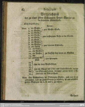 Verzeichniß der zu einer jeden Schlangen-Feuer-Spritze zu bestellenden Mannschaft