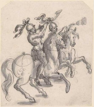 Zwei reitende amerikanische Bläser; Vorzeichnung zu Balthasar Küchlers: "Repraesentatio der Fürstlichen Auffzug und Ritterspil..." 1609