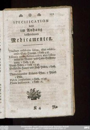 Specification derer im Anhang beschriebenen Medicamenten.