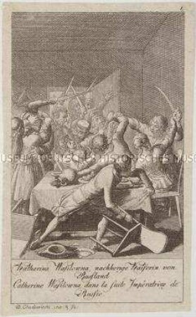 Überfall von mit Säbeln bewaffneten Männern auf eine Tischgesellschaft - Blatt 1 (von 12) aus der mittleren und neueren Geschichte des Gothaer Almanachs von 1793