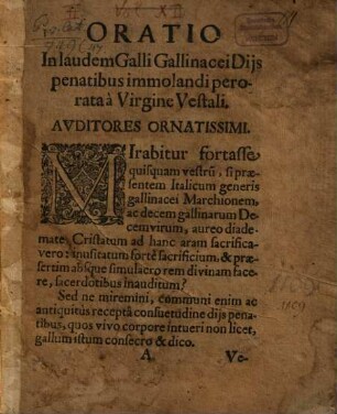 Oratio in laudem galli gallinacei Diis penatibus immolandi perorata a Virgine Vestali