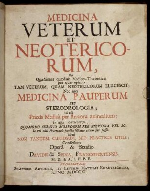 Medicina Veterum Et Neotericorum seu Quæstiones quædam Medico-Theoreticæ per quas opinio Tam Veterum, Quam Neotericorum Elucescit
