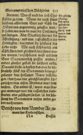 Bericht von dem Neunden Argument der Lutherischen.