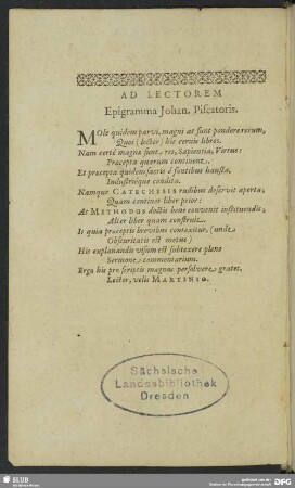 Ad Lectorem Epigramma Joh. Piscatoris