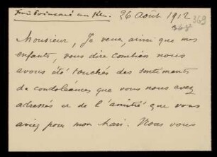 Brief von Jeanne Poincaré an Felix Klein, 26.8.1912