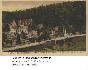 Mühltal bei Darmstadt-Eberstadt, Waldmühle (Haus Burgwald) in der Mordach / Ansicht mit Brücke