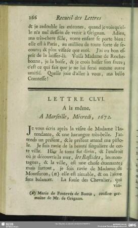 Lettre CLVI. A la même. A Marseille, Mécredi, 1672