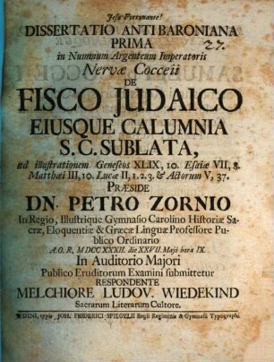 Diss. antibaroniana I. in nummum argenteum imp. Nervae Cocceii de fisco iudaico eiusque calumnia S. C. sublata