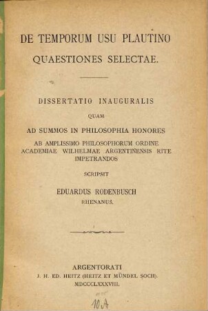 De temporum usu Plautino quaestiones selectae : Diss. inaug.
