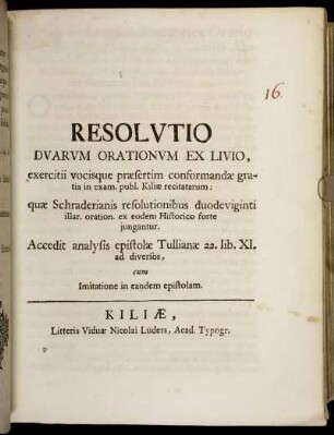 Resolutio Duarum Orationum Ex Livio, ...